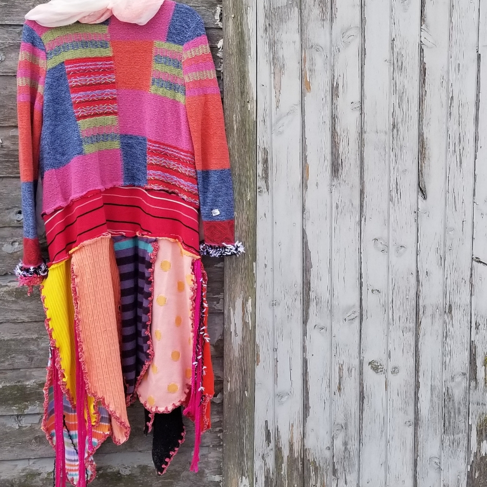 Sweater Coat Boho Upcycled Patchwork Artwear - image 3